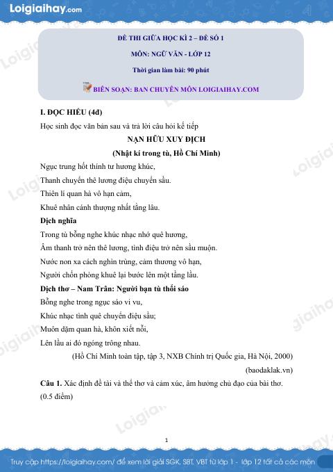 Đề thi giữa kì 2 Văn 12 - Đề số 1